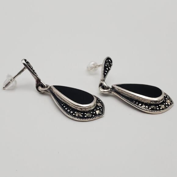 Vintage Dee Berkley Jewelry DBJ Black Onyx Sterling Marcasite Drop Earrings - Picture 4 of 8